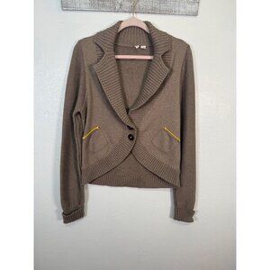 Moth Womens‎ Brown 100% Cotton Cropped Cardigan Jacket  Yellow Pocket Large Knit
